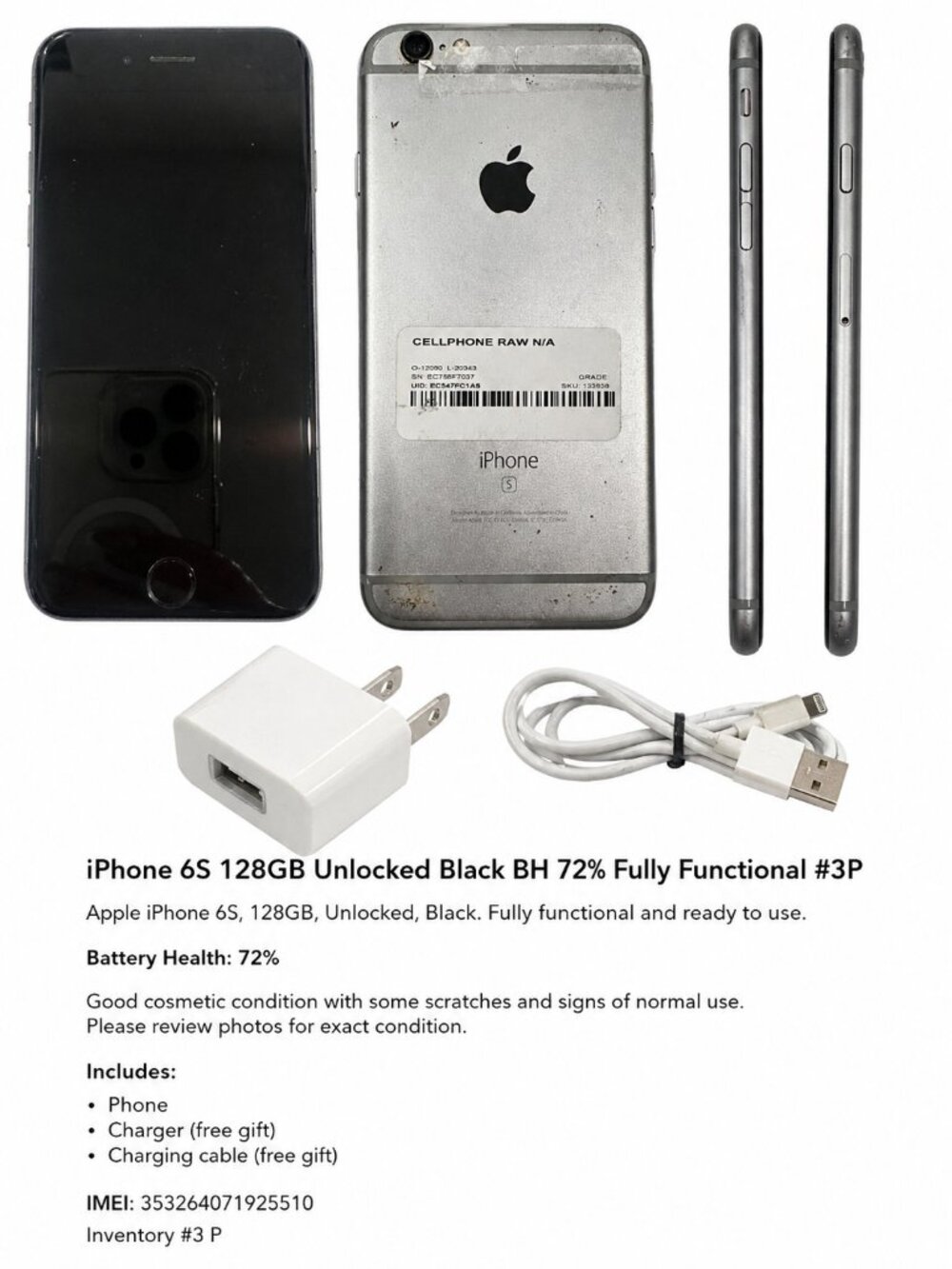 iPhone 6S 128GB Unlocked Black BH 72% Fully Functional #3P